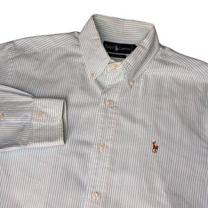 Ralph Lauren Button Down Shirt Mens 15.5 Blue White Striped Oxford Long Sleeve